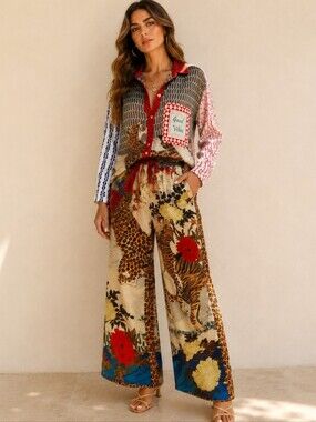 Set 2 Pieces Makeover Essentials Multi-Print Wide-Leg Jumpsuit with Red Accents
